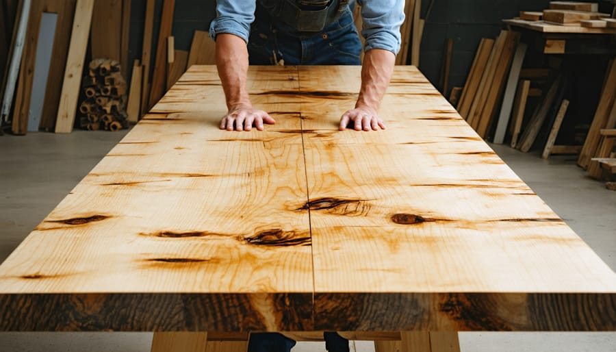 Craftsperson working on a modern wooden dining table in their workshop