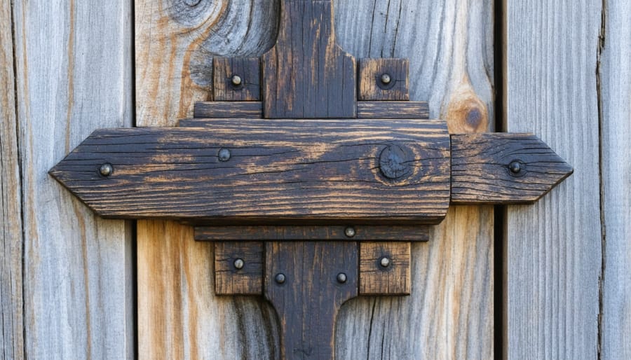 Detailed view of a mortise and tenon joint connection in historic timber framing