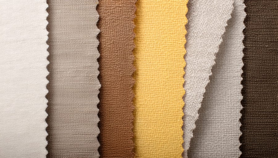 Collection of natural upholstery fabric swatches displaying various textures and colors