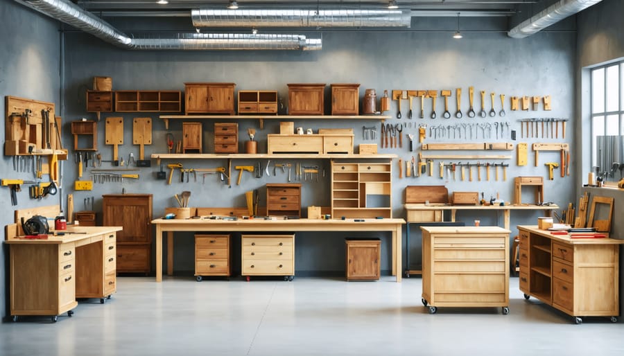 Well-organized furniture repair workshop with multiple workstations and proper tool organization