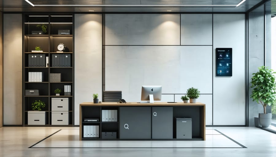 Automated smart storage unit with touchscreen interface in a contemporary office setting