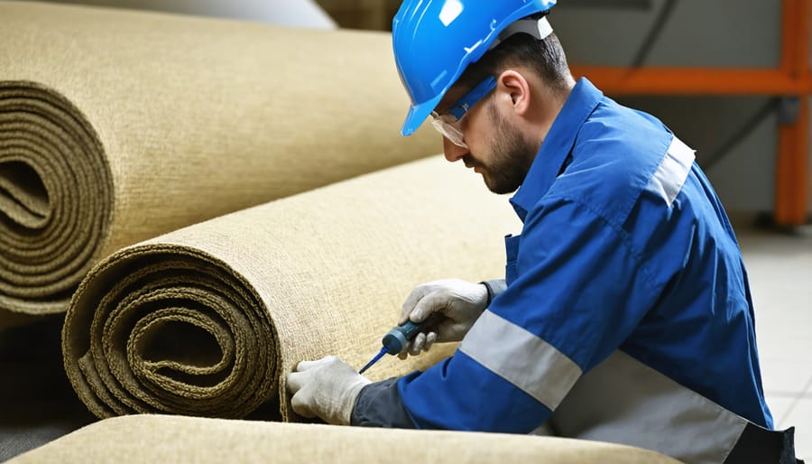 Professional conducting detailed inspection of upholstery fabric quality