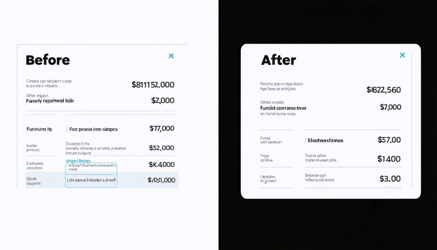 Before and after furniture restoration with pricing calculator and profit margins