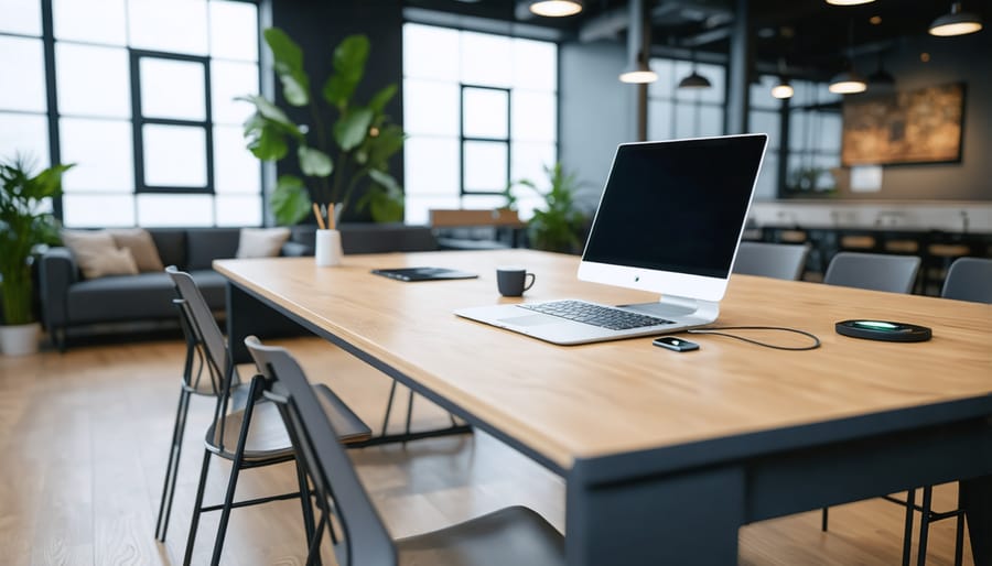 Smart office desks with built-in technology features including wireless charging and USB ports