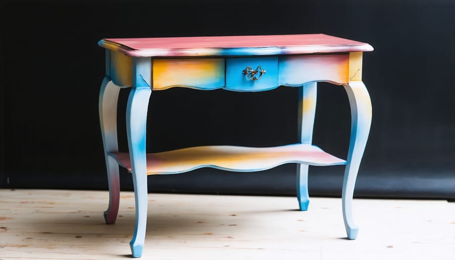 Professional furniture painter using HVLP spray system on a cabinet