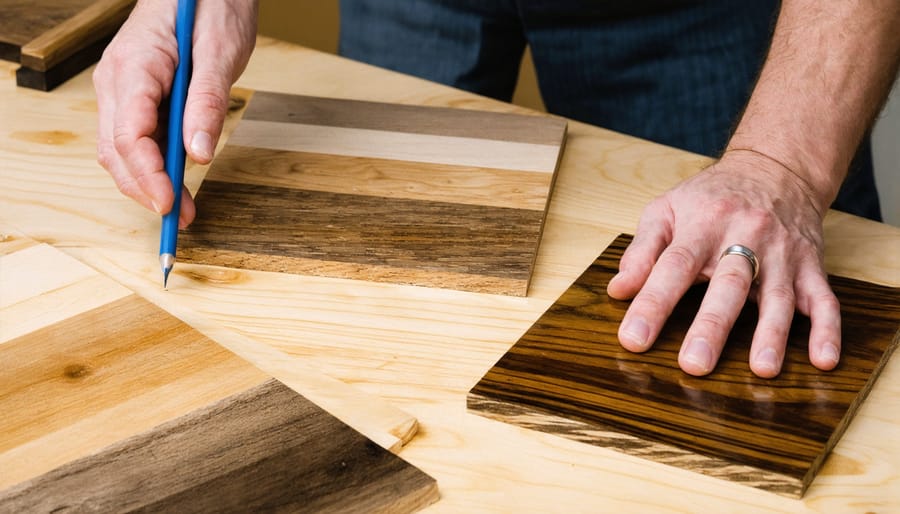 Professional architect comparing various sustainable wood samples and eco-friendly finishing materials