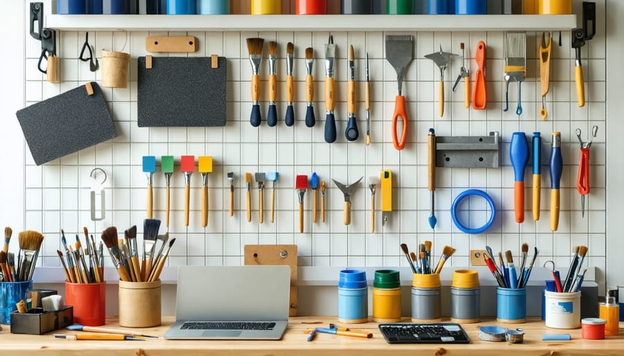 Collection of DIY furniture upcycling tools and materials laid out on a workbench