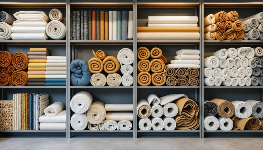 Well-organized upholstery material storage system with labeled shelves and categorized materials