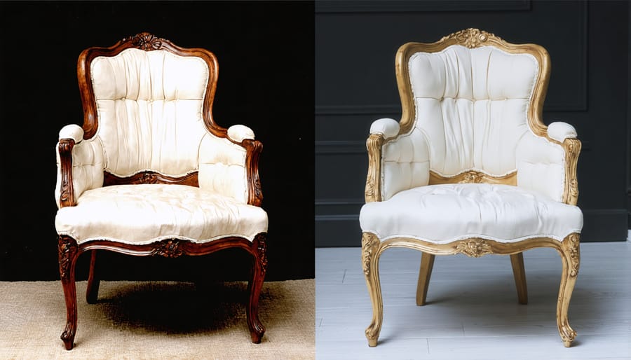 Split image showing restoration process of a Victorian chair: left side showing worn original state, right side showing modernized restoration