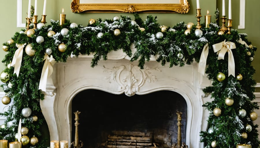 Ornate Victorian fireplace mantel decorated with vintage Christmas garland and ornaments