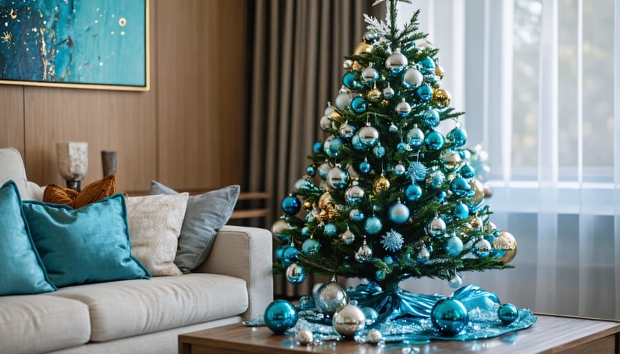Silver aluminum Christmas tree with colorful vintage ornaments next to period-appropriate furniture