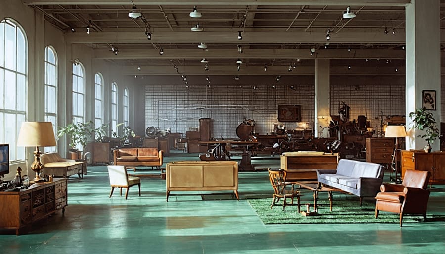 Black and white photograph of vintage industrial chairs and tables in use at a mid-century American manufacturing facility
