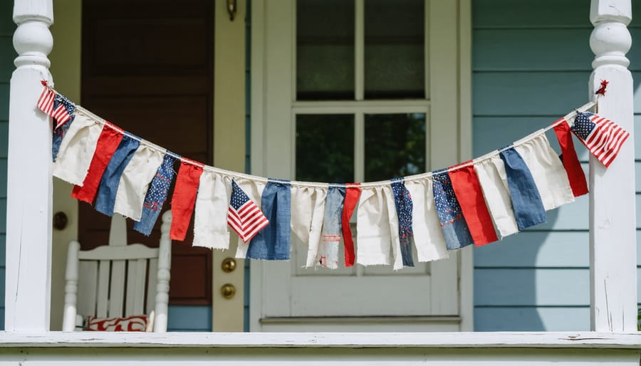 Vintage red, white, and blue cotton bunting with weathered appearance displayed on traditional porch railing