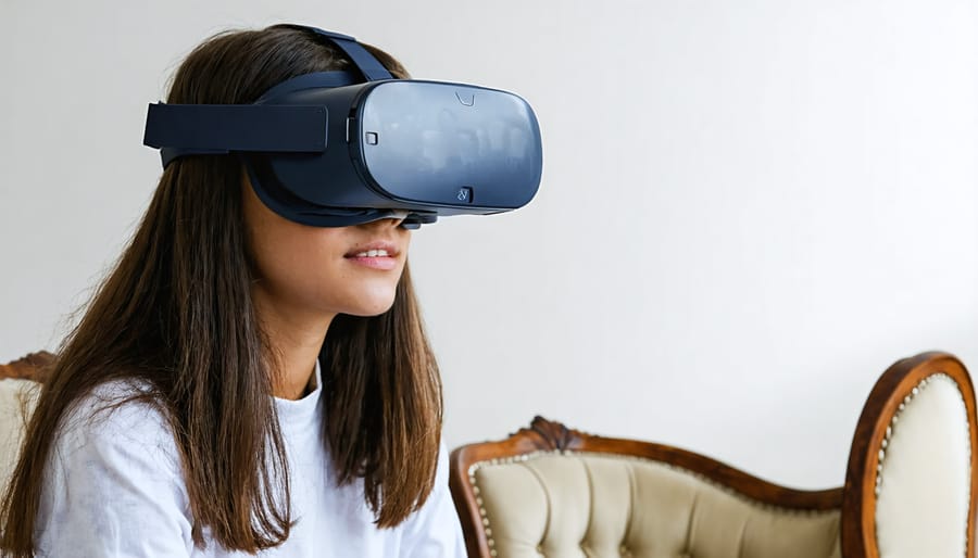 Person wearing VR headset interacting with virtual furniture restoration tools