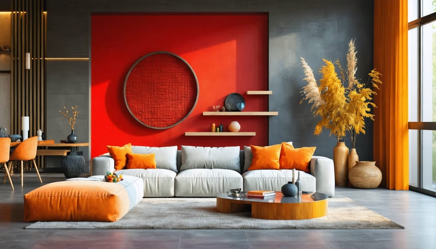 Contemporary living space showcasing warm color psychology with red walls and yellow accents