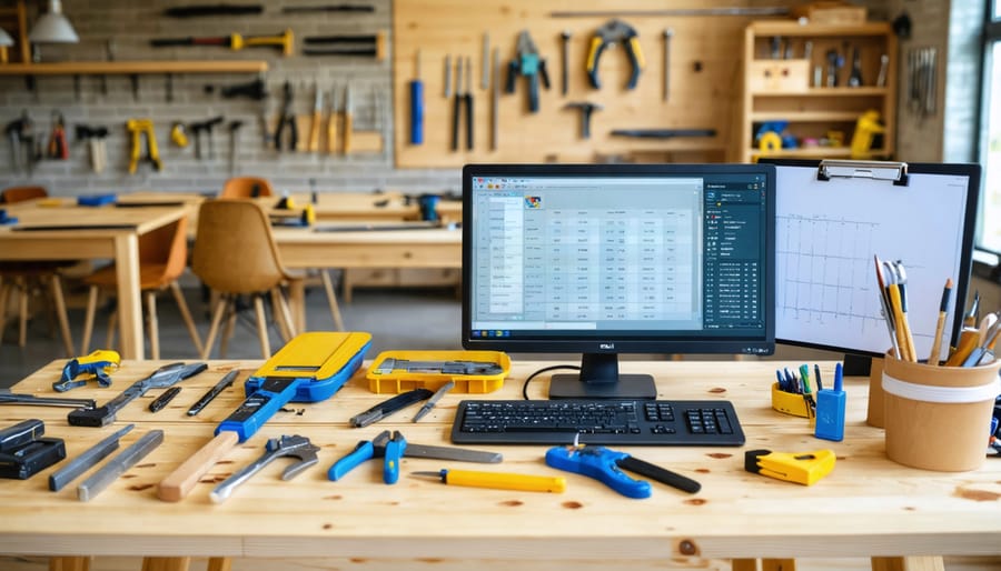 Well-organized furniture repair workshop with digital financial management system