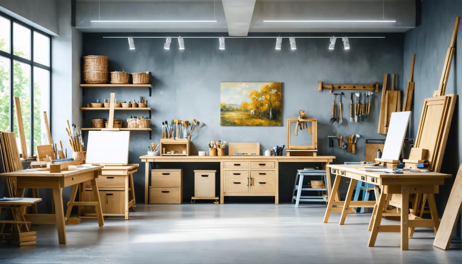 Professional furniture painting workshop setup with spray booth and organized tool stations