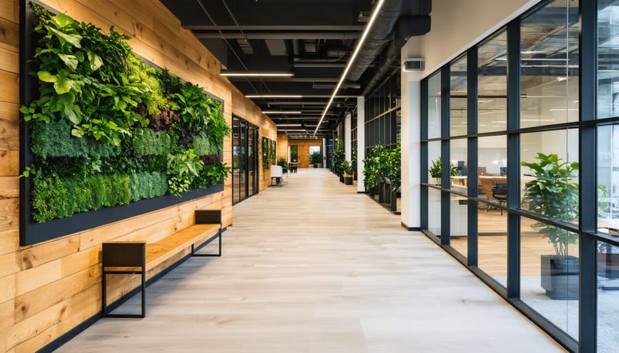 Accessible office interior with green wall, wooden furniture, and clear pathways for wheelchair users