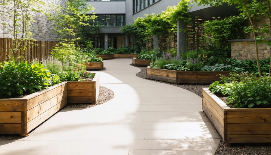 Wheelchair-accessible therapeutic garden with raised plant beds, stone pathways, and ergonomic seating