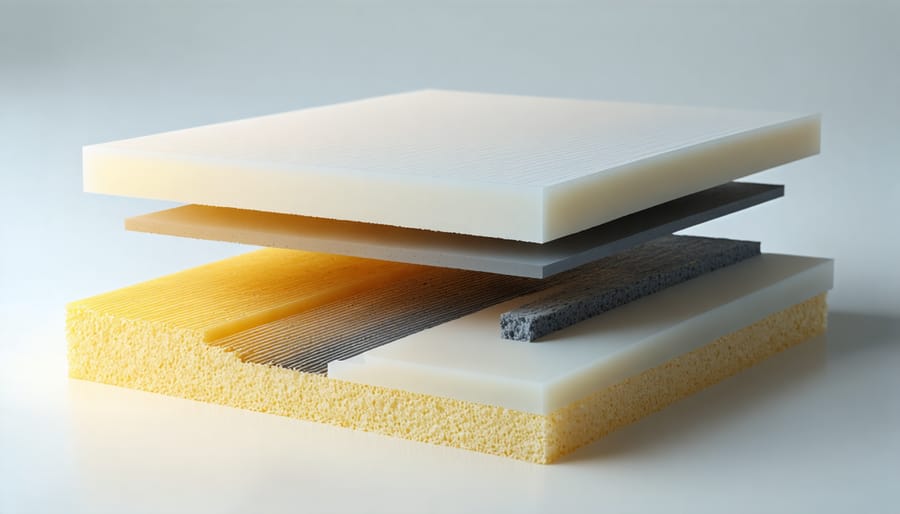 Microscopic view of composite material layers showing fiber reinforcement structure