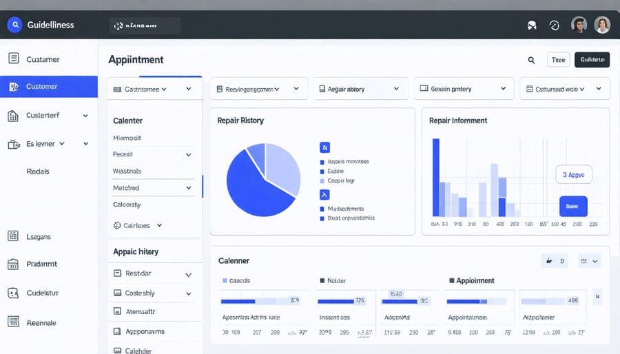 CRM dashboard interface displaying furniture repair customer management features