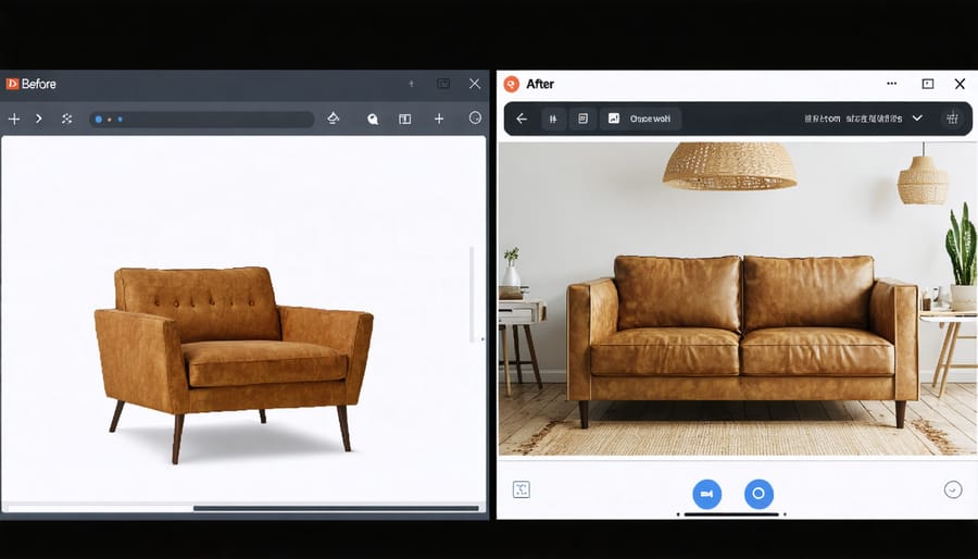 Before and after furniture repair photos with digital documentation overlay