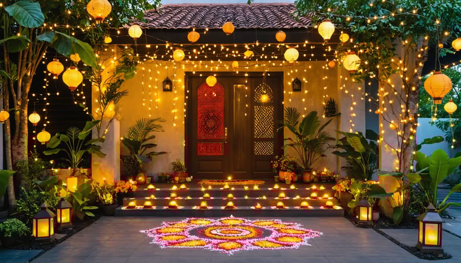 A beautifully decorated home exterior for Diwali, featuring an array of illuminated clay diyas in geometric patterns, complemented by cascading LED string lights and ornamental lanterns, creating a festive and welcoming ambiance.