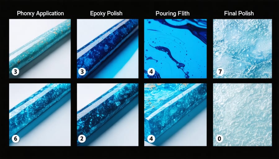 Multi-frame image showing progressive stages of epoxy inlay application process