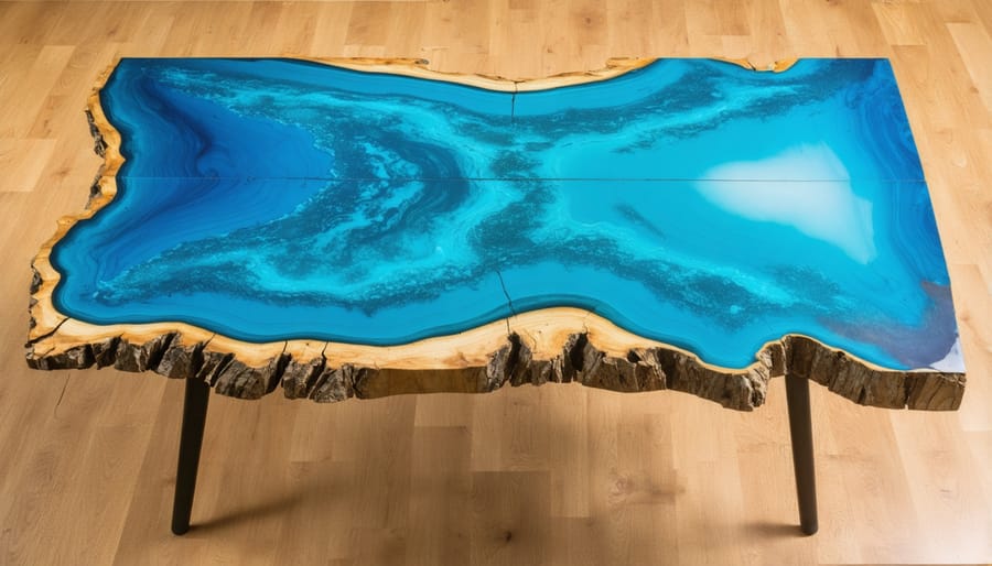 Split image showing damaged wood table before restoration and after epoxy inlay repair