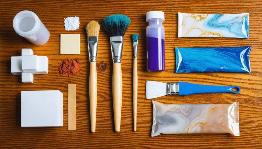 Organized display of wood epoxy restoration tools and materials on wooden workbench