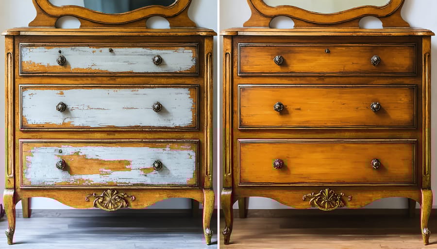Before and after comparison showing a damaged wooden furniture finish next to a professionally restored section
