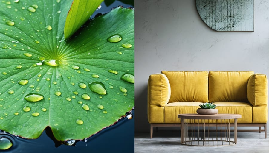 Side-by-side comparison of water droplets beading on a lotus leaf and a self-cleaning furniture surface