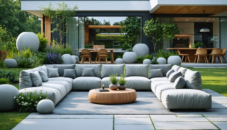 Stylish patio setup with diverse recycled plastic furniture including chairs, table, and accessories