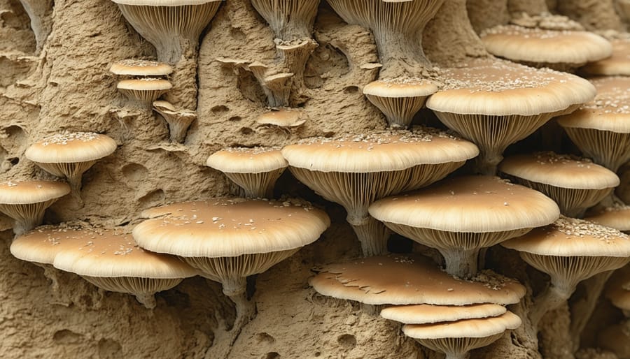 Magnified structure of mushroom mycelium material used in sustainable furniture construction