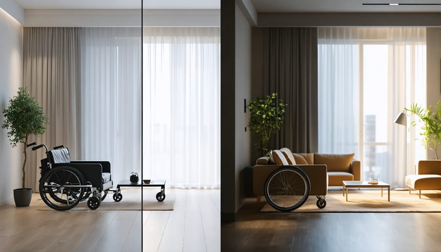 Side-by-side comparison showing the same accessible room with natural daylight versus artificial lighting