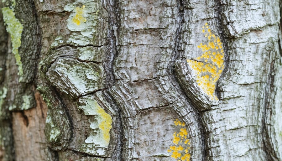Detailed view of tree bark showing natural defensive features including resin secretions