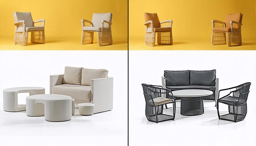 Split image showing plastic waste on one side and elegant recycled plastic patio furniture on the other