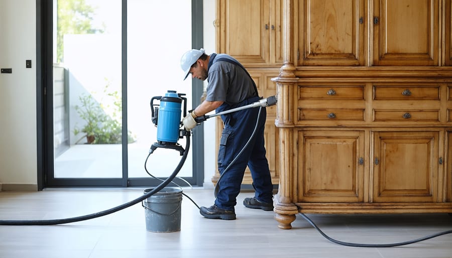 Craftsperson wearing protective gear while spray-finishing furniture in a professional workshop