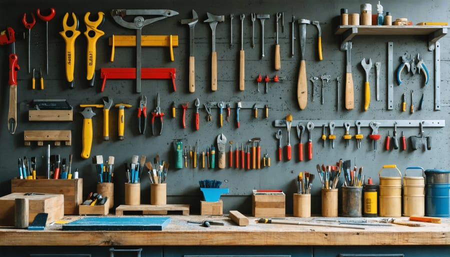 Collection of professional furniture restoration tools including sanders, brushes, finishes, and color matching supplies