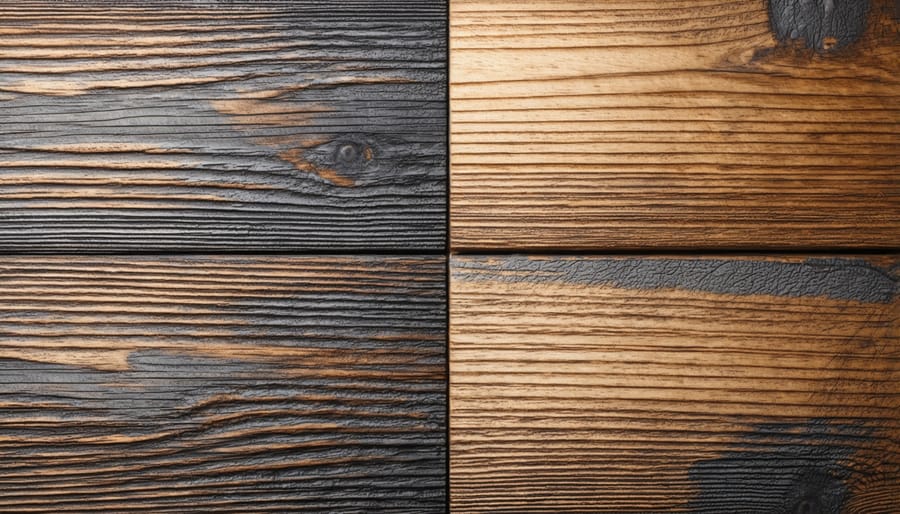 Wooden surface split to show difference between hand-planed and machine-planed finishing