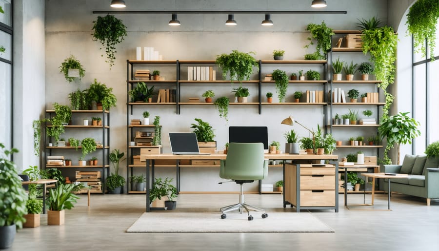 Modern office interior showcasing sustainably restored furniture pieces