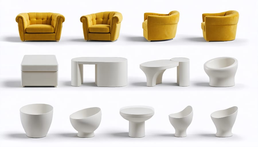 Display of modern furniture items created using vacuum thermoforming techniques