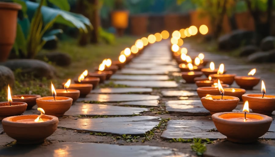 Illuminated clay diyas creating a welcoming pathway decoration for Diwali