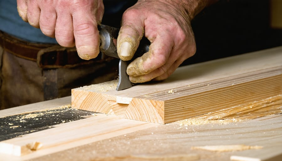 Experienced woodworker carefully cutting a dovetail joint using traditional hand tools