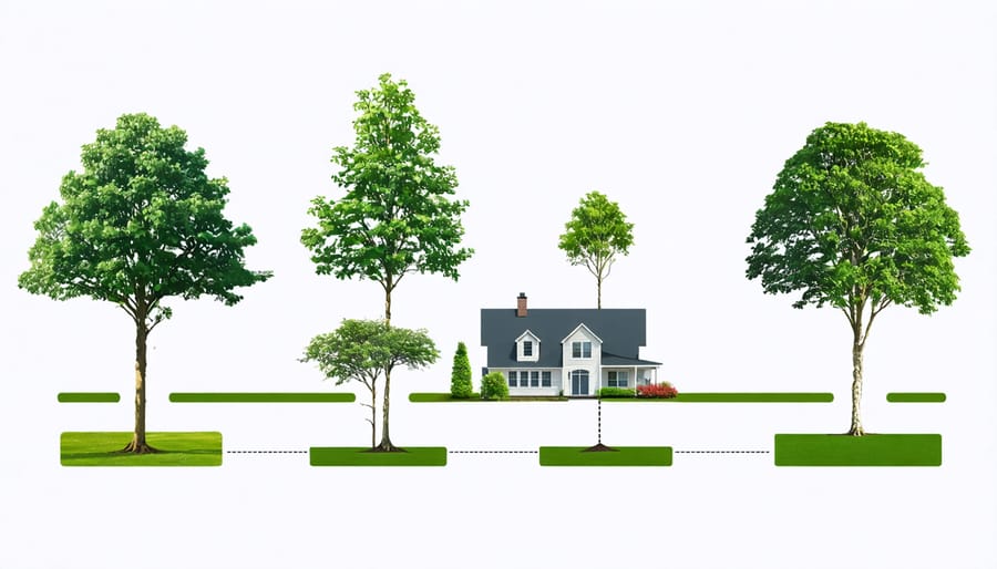 Illustrated guide showing recommended distances and positions for planting pest-resistant trees near buildings