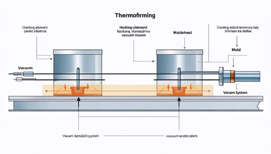 Step-by-step illustration of the vacuum thermoforming process for furniture manufacturing