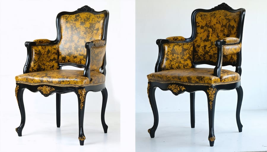 Professional restoration stages of a Victorian painted chair from paint removal to final finish
