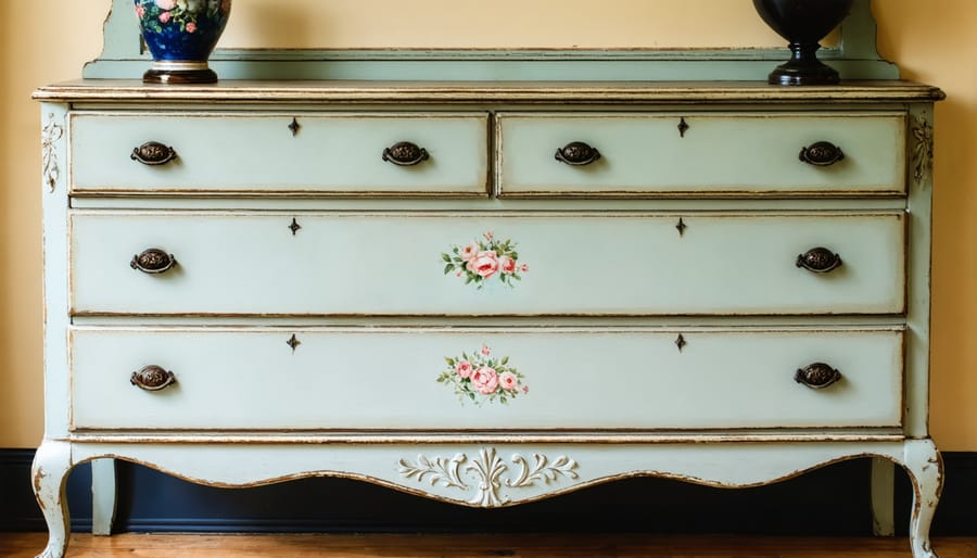 Authentic Victorian-era painted dresser featuring hand-painted floral motifs and original milk paint finish