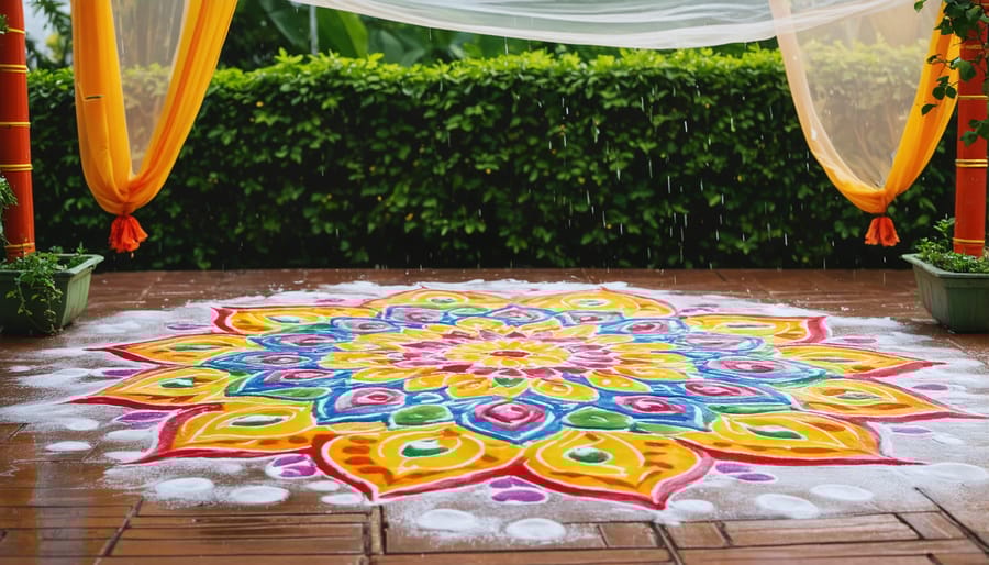 Weather-protected outdoor rangoli display with protective covering