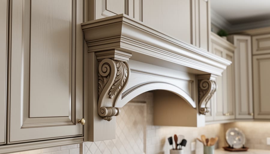 Detailed view of kitchen cabinet crown molding and decorative trim at ceiling